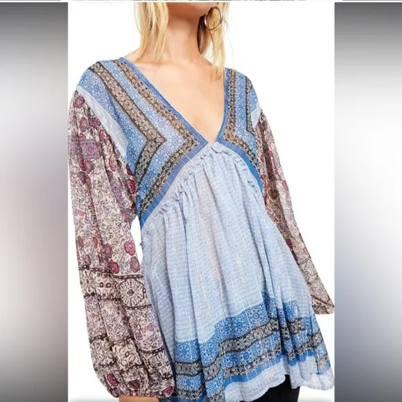 NWT, Free People, Blue Aliyah Printed Tunic, Blue Combo, M - Picture 2 of 7